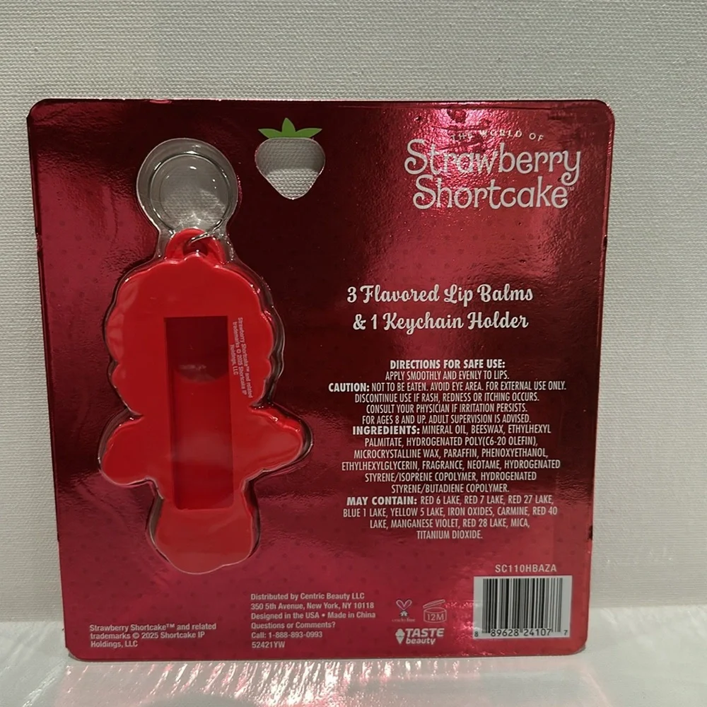 Strawberry Shortcake (3) Flavored Lip Balms and Key Chain Holdet for Lip Balms.